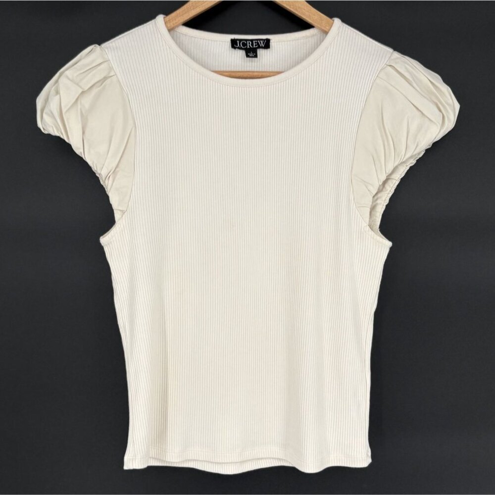 J.Crew Womens Vintage Rib T-shirt Cotton Poplin Puff Sleeves L Cream Modal Blend